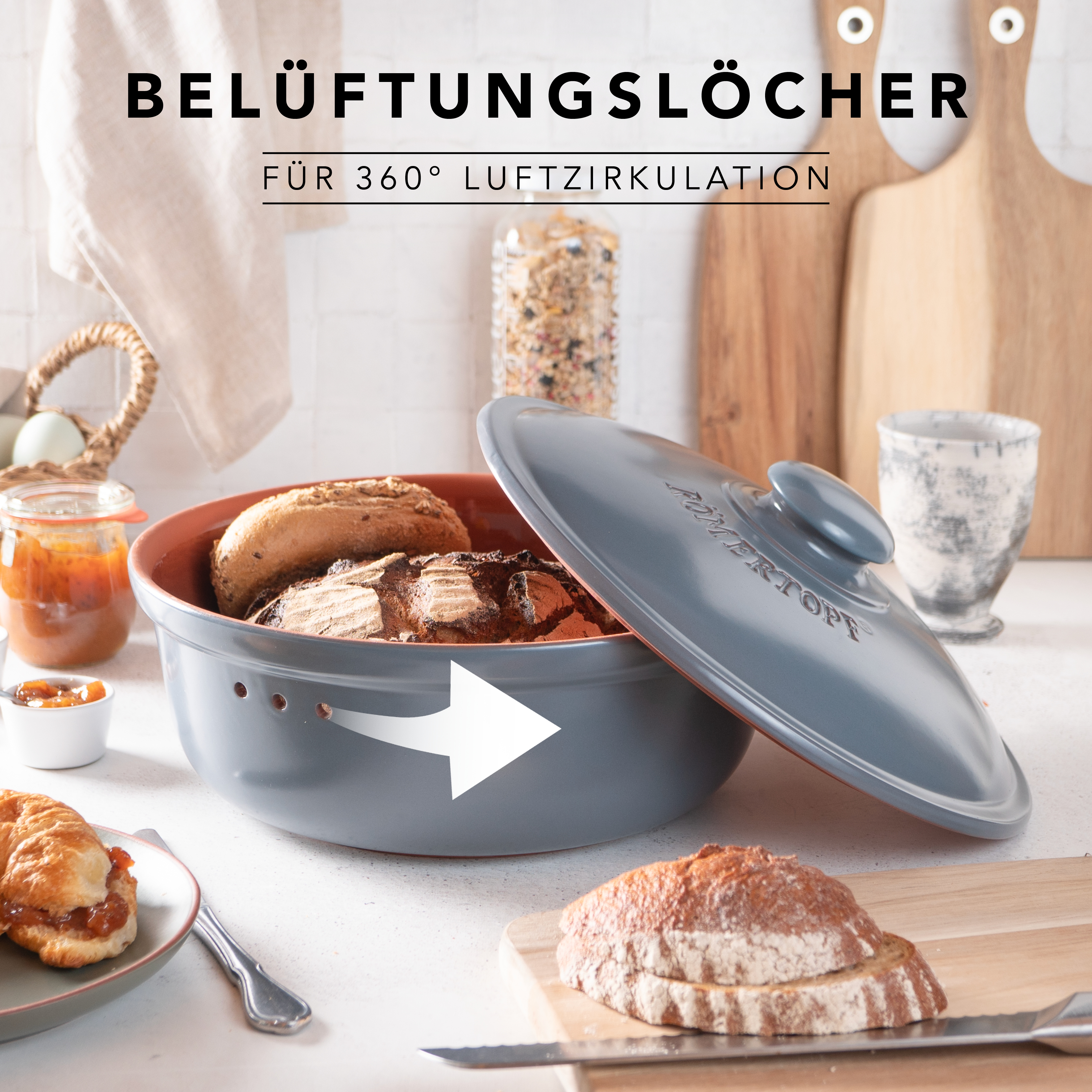 Römertopf Brotfrische Topf rund Blau Grau 9185292 Lüftung