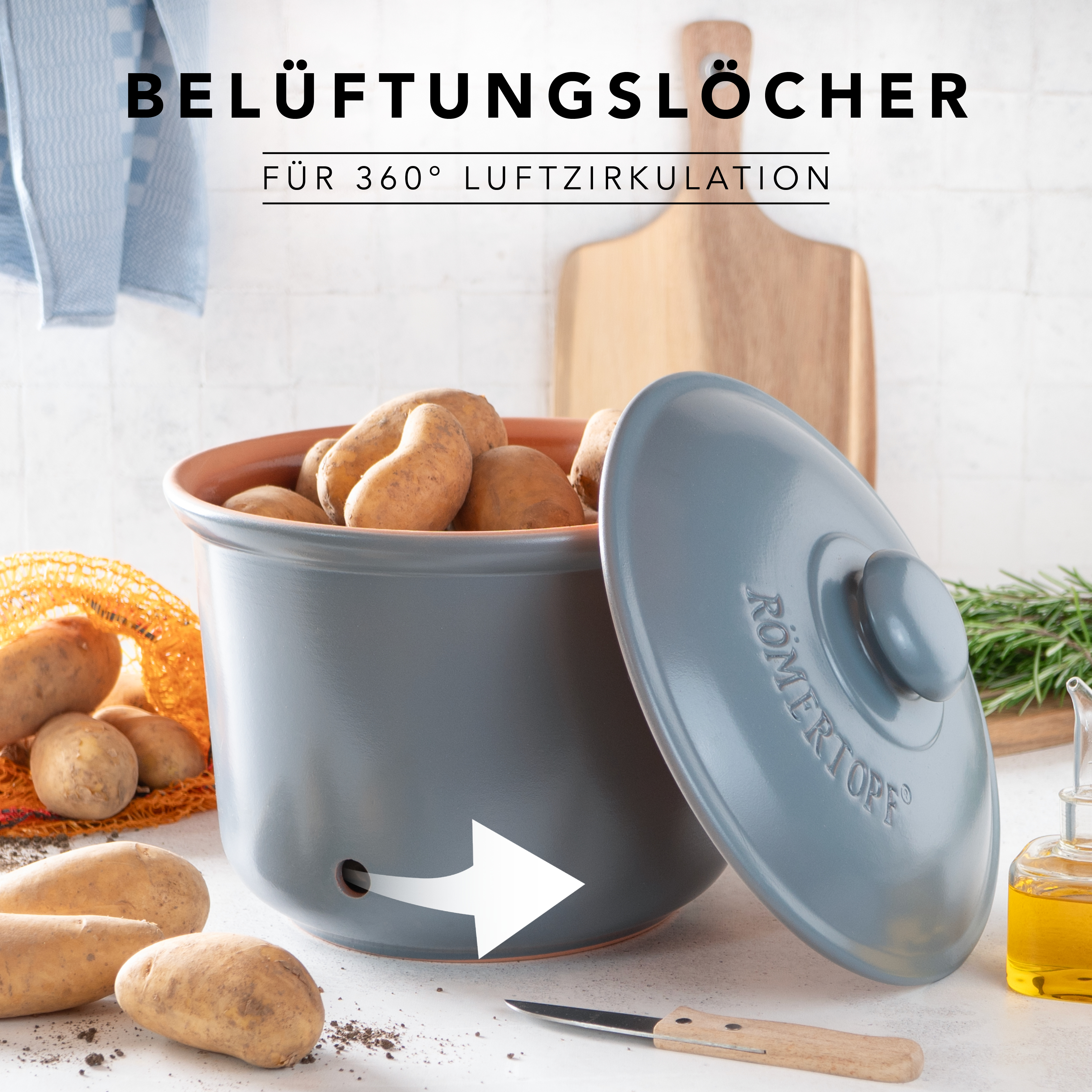 Römertopf Frische-Topf MAXI PLUS Kartoffel Blau Grau 9145392 Lüftung