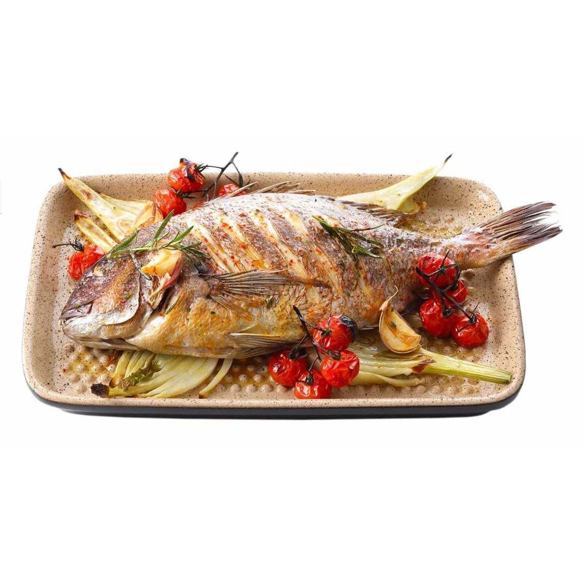 Römertopf Lafer BBQ Plancha eckig mit Noppen mit Fisch 03806