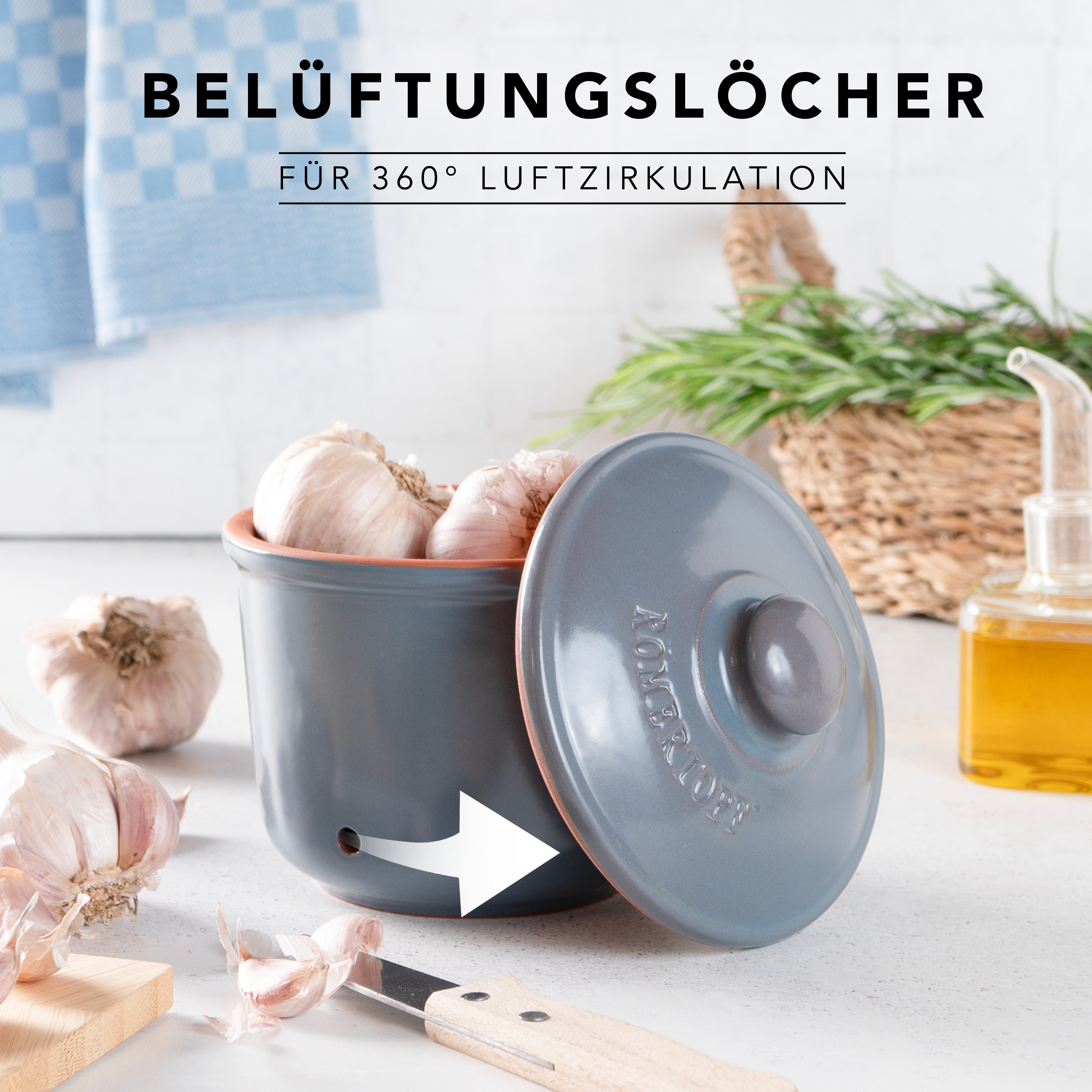 Römertopf Frische-Topf MINI Knoblauch blau grau 9145192 Lüftung
